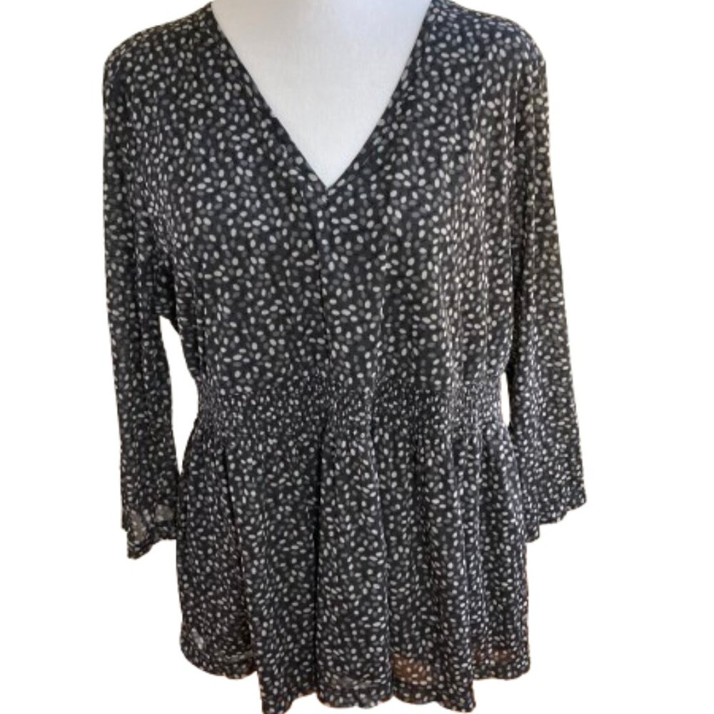 Liz Claiborne Black Top w Polka Dots V-Neck 3/4 Sleeve Elastic Waist Lined XL